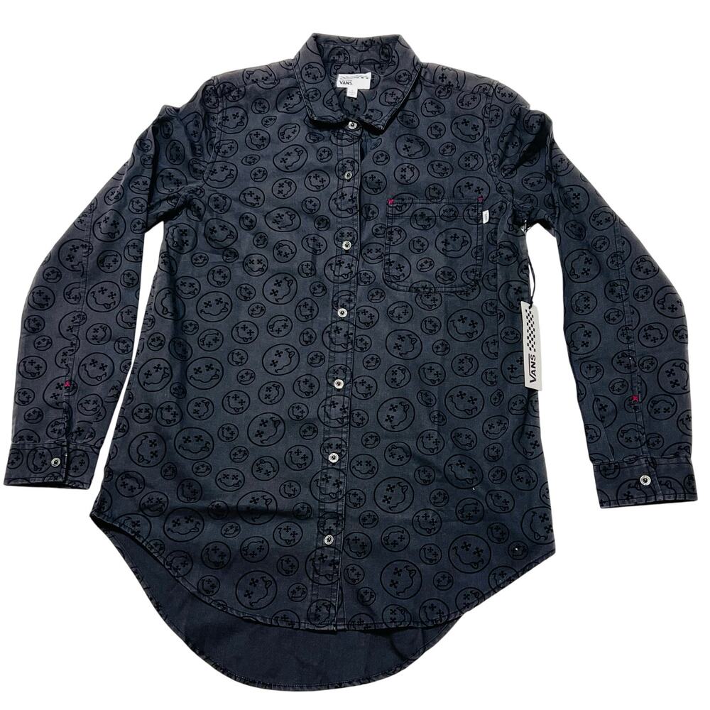 Vans No Tea Woven Button Up Tee Shirt Men Large Smiley Face Print Gray New